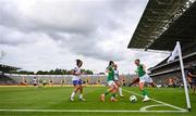 16 July 2024; Katie McCabe of Republic of Ireland, right, in action during the 2025 UEFA Women's European Championship qualifying group A match between Republic of Ireland and France at Páirc Uí Chaoimh in Cork. Photo by Stephen McCarthy/Sportsfile