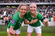 16 July 2024; Republic of Ireland players Leanne Kiernan, left, and Louise Quinn celebrate after the 2025 UEFA Women's European Championship qualifying group A match between Republic of Ireland and France at Páirc Uí Chaoimh in Cork. Photo by Stephen McCarthy/Sportsfile