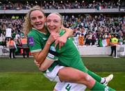 16 July 2024; Republic of Ireland players Leanne Kiernan, left, and Louise Quinn celebrate after the 2025 UEFA Women's European Championship qualifying group A match between Republic of Ireland and France at Páirc Uí Chaoimh in Cork. Photo by Stephen McCarthy/Sportsfile