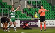 16 July 2024; Referee Jarred Gillett points to the centre spot as he awards Shamrock Rovers' first goal as Jack Byrne of Shamrock Rovers celebrates during the UEFA Champions League first qualifying round second leg match between Shamrock Rovers and Vikingur Reykjavik at Tallaght Stadium in Dublin. Photo by Harry Murphy/Sportsfile