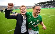 16 July 2024; Republic of Ireland head coach Eileen Gleeson, left, and Jess Ziu celebrate after the 2025 UEFA Women's European Championship qualifying group A match between Republic of Ireland and France at Páirc Uí Chaoimh in Cork. Photo by Stephen McCarthy/Sportsfile