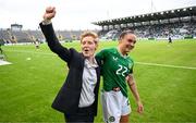 16 July 2024; Republic of Ireland head coach Eileen Gleeson, left, and Jess Ziu celebrate after the 2025 UEFA Women's European Championship qualifying group A match between Republic of Ireland and France at Páirc Uí Chaoimh in Cork. Photo by Stephen McCarthy/Sportsfile