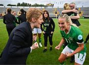 16 July 2024; Republic of Ireland head coach Eileen Gleeson, left, and Lily Agg celebrate after the 2025 UEFA Women's European Championship qualifying group A match between Republic of Ireland and France at Páirc Uí Chaoimh in Cork. Photo by Stephen McCarthy/Sportsfile