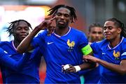 16 July 2024; Jérémy Jacquet of France celebrates with teammates after scoring their side's second goal, a penalty, during the UEFA European U19 Championship Finals match between France and Türkiye at Seaview in Belfast, Northern Ireland. Photo by Ben McShane/Sportsfile