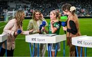 16 July 2024; Denise O'Sullivan of Republic of Ireland celebrates with RTE television presenter Marie Crowe, left, current Republic of Ireland international Jamie Finn and former Republic of Ireland international Karen Duggan after the 2025 UEFA Women's European Championship qualifying group A match between Republic of Ireland and France at Páirc Uí Chaoimh in Cork. Photo by David Fitzgerald/Sportsfile