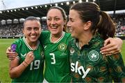 16 July 2024; Republic of Ireland players, from left, Abbie Larkin, Megan Campbell and Niamh Fahey after the 2025 UEFA Women's European Championship qualifying group A match between Republic of Ireland and France at Páirc Uí Chaoimh in Cork. Photo by Stephen McCarthy/Sportsfile