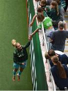 16 July 2024; Sophie Whitehouse of Republic of Ireland jumps to high five a supporter after the 2025 UEFA Women's European Championship qualifying group A match between Republic of Ireland and France at Páirc Uí Chaoimh in Cork Photo by Shauna Clinton/Sportsfile