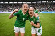 16 July 2024; Megan Connolly, left, and Denise O'Sullivan of Republic of Ireland celebrate after the 2025 UEFA Women's European Championship qualifying group A match between Republic of Ireland and France at Páirc Uí Chaoimh in Cork. Photo by Stephen McCarthy/Sportsfile