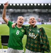 16 July 2024; Ruesha Littlejohn and Jessie Stapleton of Republic of Ireland celebrate after the 2025 UEFA Women's European Championship qualifying group A match between Republic of Ireland and France at Páirc Uí Chaoimh in Cork. Photo by Stephen McCarthy/Sportsfile