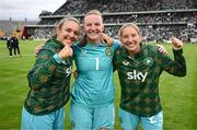 16 July 2024; Republic of Ireland goalkeepers, from left, Grace Moloney, Courtney Brosnan and Sophie Whitehouse celebrate after the 2025 UEFA Women's European Championship qualifying group A match between Republic of Ireland and France at Páirc Uí Chaoimh in Cork. Photo by Stephen McCarthy/Sportsfile