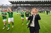 16 July 2024; Republic of Ireland head coach Eileen Gleeson celebrates after the 2025 UEFA Women's European Championship qualifying group A match between Republic of Ireland and France at Páirc Uí Chaoimh in Cork. Photo by Stephen McCarthy/Sportsfile