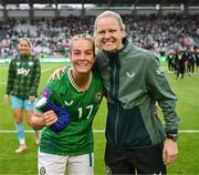 16 July 2024; Lily Agg, left, and Diane Caldwell of Republic of Ireland celebrate after the 2025 UEFA Women's European Championship qualifying group A match between Republic of Ireland and France at Páirc Uí Chaoimh in Cork. Photo by Stephen McCarthy/Sportsfile