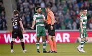 16 July 2024; Roberto Lopes of Shamrock Rovers protests to referee Jarred Gillett, after teammate Jack Byrne, not pictured, received a red card, during the UEFA Champions League first qualifying round second leg match between Shamrock Rovers and Vikingur Reykjavik at Tallaght Stadium in Dublin. Photo by Harry Murphy/Sportsfile