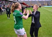 16 July 2024; Republic of Ireland head coach Eileen Gleeson, right, and Amber Barrett celebrate after the 2025 UEFA Women's European Championship qualifying group A match between Republic of Ireland and France at Páirc Uí Chaoimh in Cork. Photo by Stephen McCarthy/Sportsfile