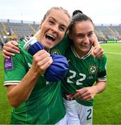 16 July 2024; Lily Agg, left, and Jessie Stapleton of Republic of Ireland celebrate after the 2025 UEFA Women's European Championship qualifying group A match between Republic of Ireland and France at Páirc Uí Chaoimh in Cork. Photo by Stephen McCarthy/Sportsfile