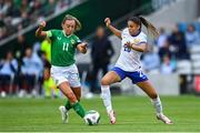16 July 2024; Katie McCabe of Republic of Ireland in action against Delphine Cascarino of France during the 2025 UEFA Women's European Championship qualifying group A match between Republic of Ireland and France at Páirc Uí Chaoimh in Cork. Photo by David Fitzgerald/Sportsfile