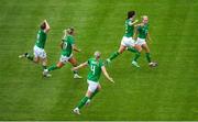 16 July 2024; Denise O'Sullivan of Republic of Ireland, right, celebrates with team mates after scoring their side's first goal during the 2025 UEFA Women's European Championship qualifying group A match between Republic of Ireland and France at Páirc Uí Chaoimh in Cork. Photo by Shauna Clinton/Sportsfile