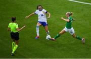 16 July 2024; Léa Le Garrec of France in action against Denise O'Sullivan of Republic of Ireland during the 2025 UEFA Women's European Championship qualifying group A match between Republic of Ireland and France at Páirc Uí Chaoimh in Cork. Photo by Shauna Clinton/Sportsfile