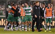 16 July 2024; Shamrock Rovers players including Jack Byrne, 29, celebrate after their side's victory in the UEFA Champions League first qualifying round second leg match between Shamrock Rovers and Vikingur Reykjavik at Tallaght Stadium in Dublin. Photo by Harry Murphy/Sportsfile