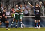 16 July 2024; Roberto Lopes and Lee Grace of Shamrock Rovers celebrate after their side's victory in the UEFA Champions League first qualifying round second leg match between Shamrock Rovers and Vikingur Reykjavik at Tallaght Stadium in Dublin. Photo by Harry Murphy/Sportsfile