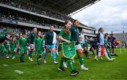 16 July 2024; Team captains Katie McCabe of Republic of Ireland and Amandine Henry of France lead their sides onto the pitch before the 2025 UEFA Women's European Championship qualifying group A match between Republic of Ireland and France at Páirc Uí Chaoimh in Cork. Photo by Stephen McCarthy/Sportsfile