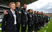 16 July 2024; Republic of Ireland head coach Eileen Gleeson, left, and her backroom staff line up for the national anthems before the 2025 UEFA Women's European Championship qualifying group A match between Republic of Ireland and France at Páirc Uí Chaoimh in Cork. Photo by Stephen McCarthy/Sportsfile