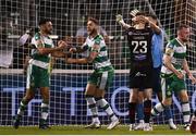 16 July 2024; Nikolaj Hansen of Víkingur Reykjavík, 23, reacts to missing a penalty kick as Roberto Lopes and Lee Grace of Shamrock Rovers celebrate after the UEFA Champions League first qualifying round second leg match between Shamrock Rovers and Vikingur Reykjavik at Tallaght Stadium in Dublin. Photo by Harry Murphy/Sportsfile