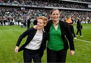 16 July 2024; Republic of Ireland head coach Eileen Gleeson and team operations executive Denise McElhinney celebrate afetr the 2025 UEFA Women's European Championship qualifying group A match between Republic of Ireland and France at Páirc Uí Chaoimh in Cork. Photo by Stephen McCarthy/Sportsfile