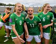 16 July 2024; Republic of Ireland players, from left, Ruesha Littlejohn, Lily Agg and Megan Connolly celebrate after the 2025 UEFA Women's European Championship qualifying group A match between Republic of Ireland and France at Páirc Uí Chaoimh in Cork. Photo by Stephen McCarthy/Sportsfile