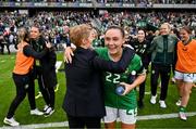 16 July 2024; Republic of Ireland head coach Eileen Gleeson celebrates with Jess Ziu after the 2025 UEFA Women's European Championship qualifying group A match between Republic of Ireland and France at Páirc Uí Chaoimh in Cork. Photo by Stephen McCarthy/Sportsfile