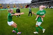16 July 2024; Republic of Ireland's Denise O'Sullivan celebrates with Julie-Ann Russell and her daughter Rosie after the 2025 UEFA Women's European Championship qualifying group A match between Republic of Ireland and France at Páirc Uí Chaoimh in Cork. Photo by Stephen McCarthy/Sportsfile