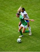 16 July 2024; Leanne Kiernan of Republic of Ireland in action against Estelle Cascarino of France during the 2025 UEFA Women's European Championship qualifying group A match between Republic of Ireland and France at Páirc Uí Chaoimh in Cork. Photo by Shauna Clinton/Sportsfile Photo by Shauna Clinton/Sportsfile