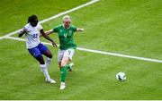 16 July 2024; Vicki Becho of France in action against Louise Quinn of Republic of Ireland during the 2025 UEFA Women's European Championship qualifying group A match between Republic of Ireland and France at Páirc Uí Chaoimh in Cork. Photo by Shauna Clinton/Sportsfile Photo by Shauna Clinton/Sportsfile