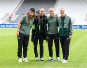 16 July 2024; Republic of Ireland players, from left, Grace Moloney, Eva Mangan, Jessie Stapleton and Sophie Whitehouse before the 2025 UEFA Women's European Championship qualifying group A match between Republic of Ireland and France at Páirc Uí Chaoimh in Cork. Photo by Stephen McCarthy/Sportsfile