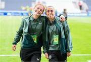 16 July 2024; Emily Murphy, left, and Abbie Larkin of Republic of Ireland before the 2025 UEFA Women's European Championship qualifying group A match between Republic of Ireland and France at Páirc Uí Chaoimh in Cork. Photo by Stephen McCarthy/Sportsfile