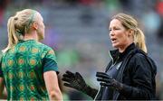 16 July 2024; Republic of Ireland assistant coach Emma Byrne with Louise Quinn during the 2025 UEFA Women's European Championship qualifying group A match between Republic of Ireland and France at Páirc Uí Chaoimh in Cork. Photo by Stephen McCarthy/Sportsfile