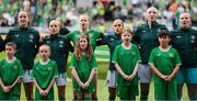 16 July 2024; Republic of Ireland players, from left, Anna Patten, Denise O'Sullivan, Ruesha Littlejohn, Julie-Ann Russell, Louise Quinn and Courtney Brosnan stand for the playing of the National Anthem before the 2025 UEFA Women's European Championship qualifying group A match between Republic of Ireland and France at Páirc Uí Chaoimh in Cork. Photo by Stephen McCarthy/Sportsfile