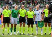 16 July 2024; Republic of Ireland captain Katie McCabe and France captain Amandine Henry with match officials before the 2025 UEFA Women's European Championship qualifying group A match between Republic of Ireland and France at Páirc Uí Chaoimh in Cork. Photo by Stephen McCarthy/Sportsfile