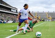 16 July 2024; Estelle Cascarino of France in action against Leanne Kiernan of Republic of Ireland during the 2025 UEFA Women's European Championship qualifying group A match between Republic of Ireland and France at Páirc Uí Chaoimh in Cork. Photo by Stephen McCarthy/Sportsfile