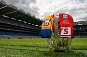 18 July 2024; The Liam MacCarthy Cup pictured with jerseys of Clare and Cork before the GAA Hurling All-Ireland Senior Championship Final at Croke Park in Dublin. Photo by Sam Barnes/Sportsfile