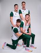 17 July 2024; Pictured is, front row, Conor Ferguson, left, and Max McCusker, with back row, Darragh Greene, left, and Shane Ryan during the Team Ireland Paris 2024 team announcement for Swimming at the Crowne Plaza Hotel in Blanchardstown, Dublin. Photo by David Fitzgerald/Sportsfile