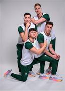 17 July 2024; Pictured is, front row, Conor Ferguson, left, and Max McCusker, with back row, Darragh Greene, left, and Shane Ryan during the Team Ireland Paris 2024 team announcement for Swimming at the Crowne Plaza Hotel in Blanchardstown, Dublin. Photo by David Fitzgerald/Sportsfile