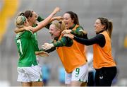 16 July 2024; Republic of Ireland's Julie-Ann Russell, 7, celebrates with, from left, Katie McCabe, Amber Barrett, Megan Campbell and performance coach Ivi Casagrande after scoring their side's second goal during the 2025 UEFA Women's European Championship qualifying group A match between Republic of Ireland and France at Páirc Uí Chaoimh in Cork. Photo by Stephen McCarthy/Sportsfile