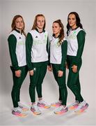 17 July 2024; Swimmers, from left, Mona McSharry, Danielle Hill, Ellen Walshe and Victoria Catterson during the Team Ireland Paris 2024 team announcement for Swimming at the Crowne Plaza Hotel in Blanchardstown, Dublin. Photo by David Fitzgerald/Sportsfile