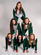 17 July 2024; Swimmers, bottom row, from left, Danielle Hill, Victoria Catterson, Grace Davison, centre row, Erin Riordan, left, and Mona McSharry with Ellen Walshe, top, during the Team Ireland Paris 2024 team announcement for Swimming at the Crowne Plaza Hotel in Blanchardstown, Dublin. Photo by David Fitzgerald/Sportsfile