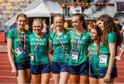 17 July 2024; Ireland athletes from left, Molly Daly, Jennifer O'Leary, Pia Langton, Savanagh O’Callaghan, Emily Bolton, and Orlaith Mannion visit the track before the European U18 Athletics Championships at the National Athletics Stadium in Banská Bystrica, Slovakia. Photo by Coen Schilderman/Sportsfile