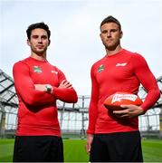 18 July 2024; Budweiser ambassadors Joey Carbery and Eoin Cadogan at the Aviva Stadium in Dublin. Budweiser is the Official Beer Partner of the Aer Lingus College Football Classic this August 24th. To be in with a chance to win tickets to the game, fans can visit Budweiser.ie. Photo by David Fitzgerald/Sportsfile