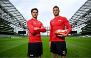 18 July 2024; Budweiser ambassadors Joey Carbery and Eoin Cadogan at the Aviva Stadium in Dublin. Budweiser is the Official Beer Partner of the Aer Lingus College Football Classic this August 24th. To be in with a chance to win tickets to the game, fans can visit Budweiser.ie. Photo by David Fitzgerald/Sportsfile