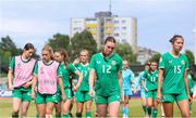 18 July 2024; Republic of Ireland players after the UEFA Women's Under-19 European Championships Group B match between Republic of Ireland and Germany at Jonava City Stadium in Jonava, Lithuania. Photo by Evaldas Semiotas/Sportsfile