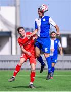 18 July 2024; Manuel Sanchez of St Joseph's FC in action against John Martin of Shelbourne during the UEFA Champions League First Qualifying Round Second Leg match between St Joseph's FC and Shelbourne at Europa Point Stadium in Gibraltar. Photo by Jorge Ropero Romero/Sportsfile